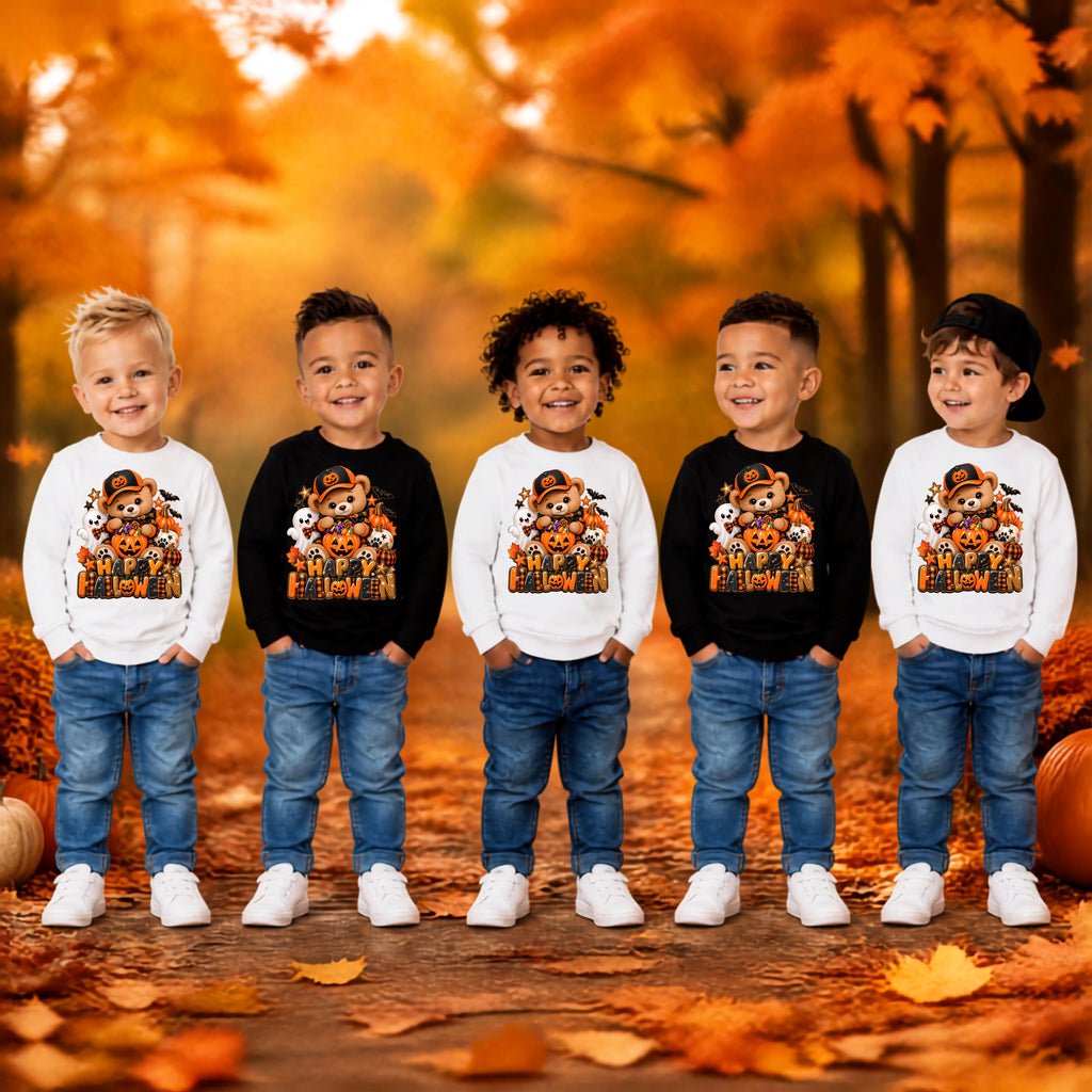 Happy Halloween Kids Sweatshirt | Cute Teddy Bear Ghost Pumpkin Graphic