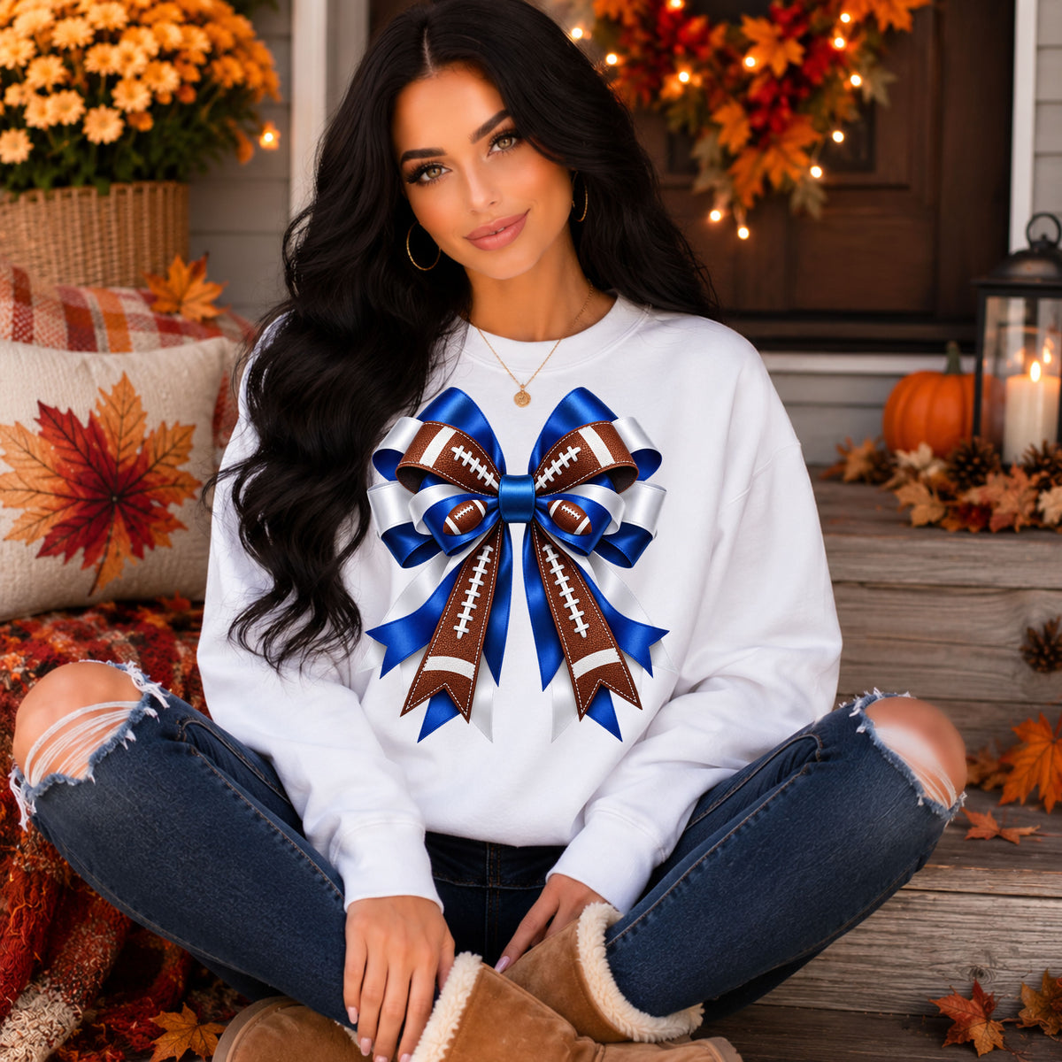 Football Ribbon Crewneck Sweatshirt — Blue & Brown Game Day Bow Design