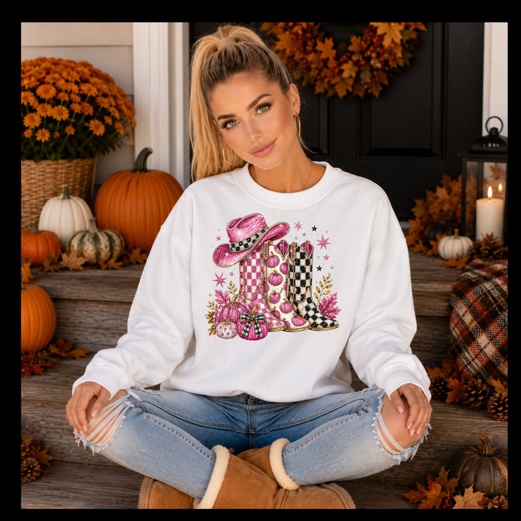 Cowgirl Cowboy Boots & Hat Sweatshirt — Pink Western Graphic Crewneck