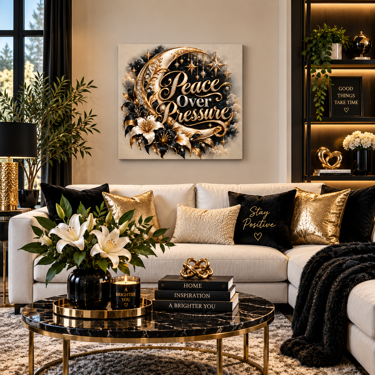 Peace Over Pressure™ Luxury Celestial Wall Art Canvas | Black, Gold & Cream Inspirational Home Décor