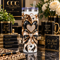 Luxury Hearts & Bows 40oz Tumbler | Black, Gold & Leopard Print Travel Cup