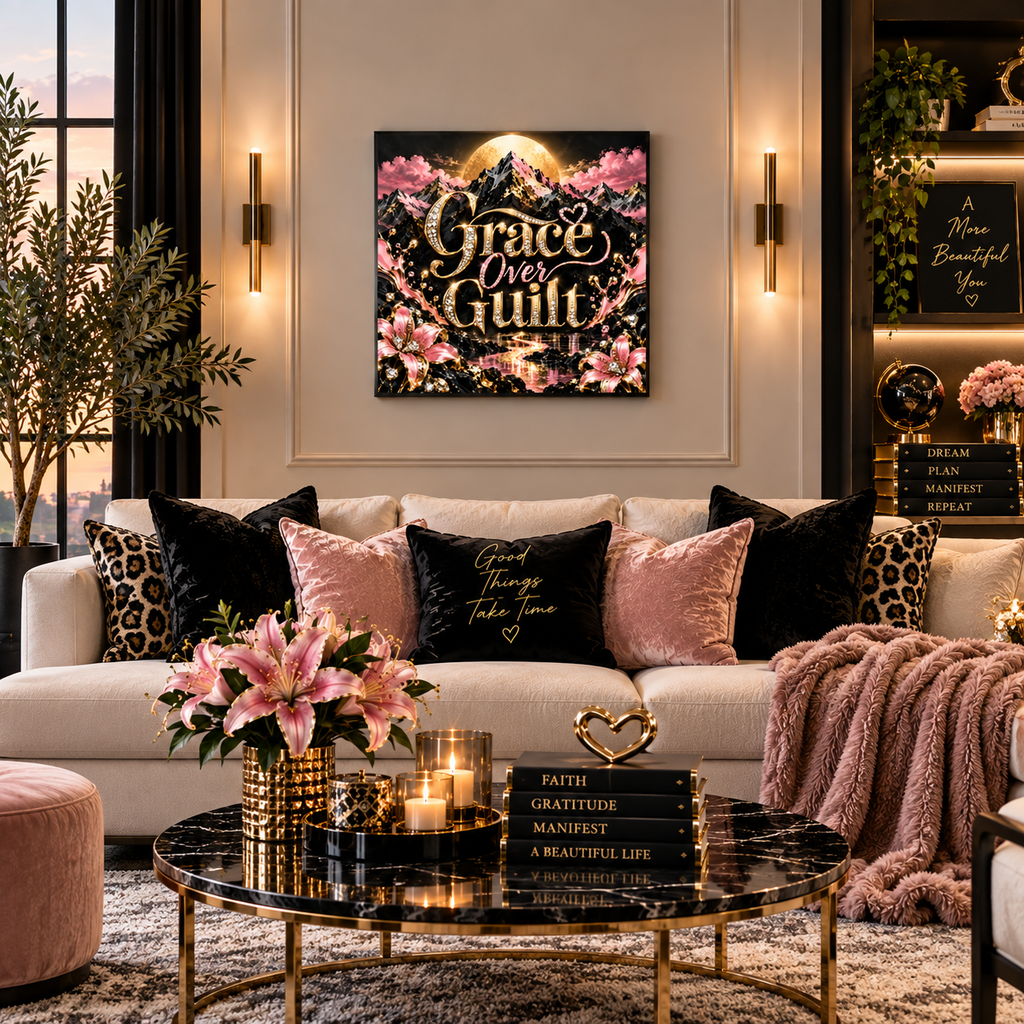 Grace Over Guilt™ Luxury Mountain Wall Art Canvas | Black, Gold & Pink Inspirational Home Décor
