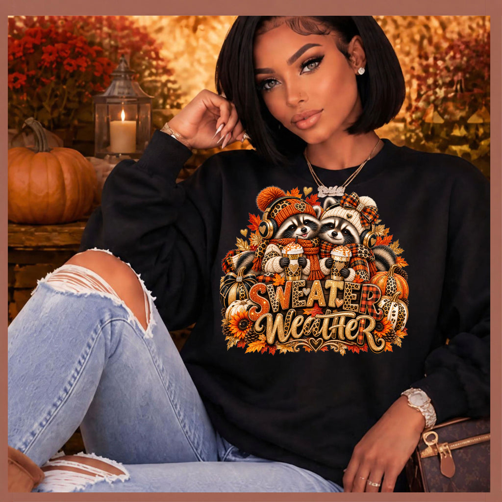 Sweater Weather Crewneck Sweatshirt — Autumn Raccoon Pumpkin Fall Graphic