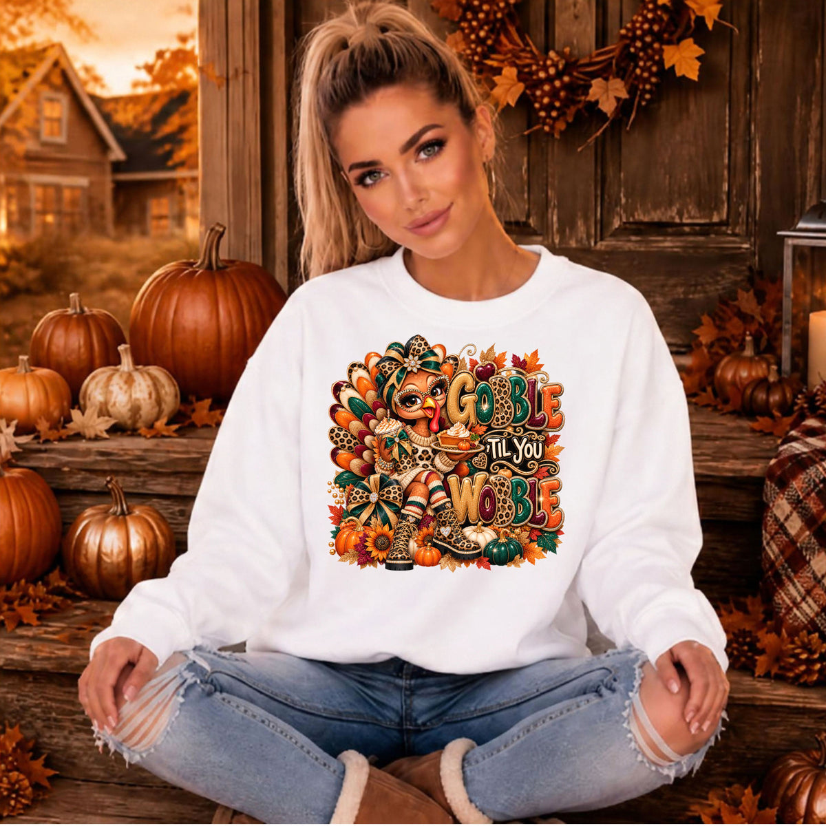 Thanksgiving Crewneck Sweatshirt – Cute Turkey "Gobble Til You Wobble" Fall Pullover