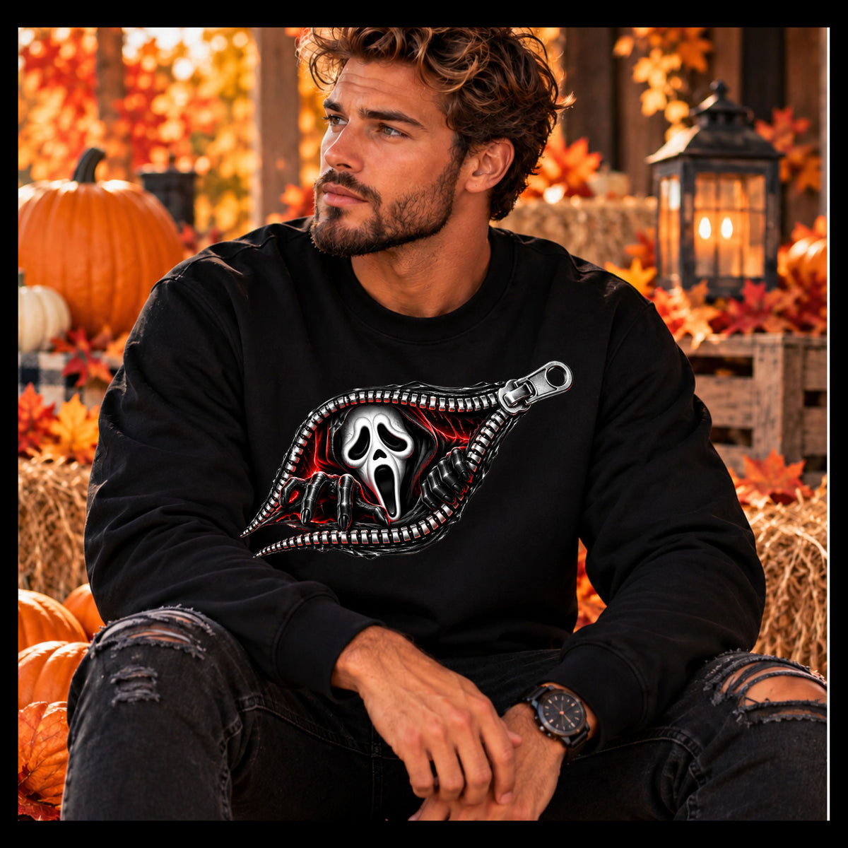 Zip-Open Horror Mask Sweatshirt — Scream-Inspired Graphic Crewneck