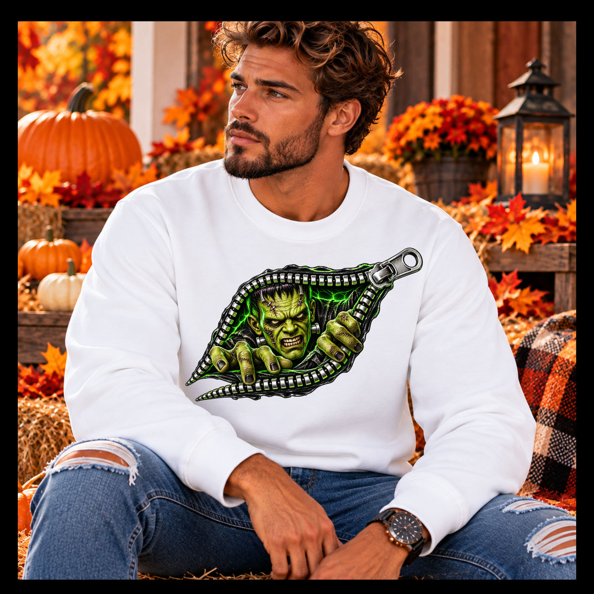 Frankenstein Zipper Halloween Graphic Sweatshirt
