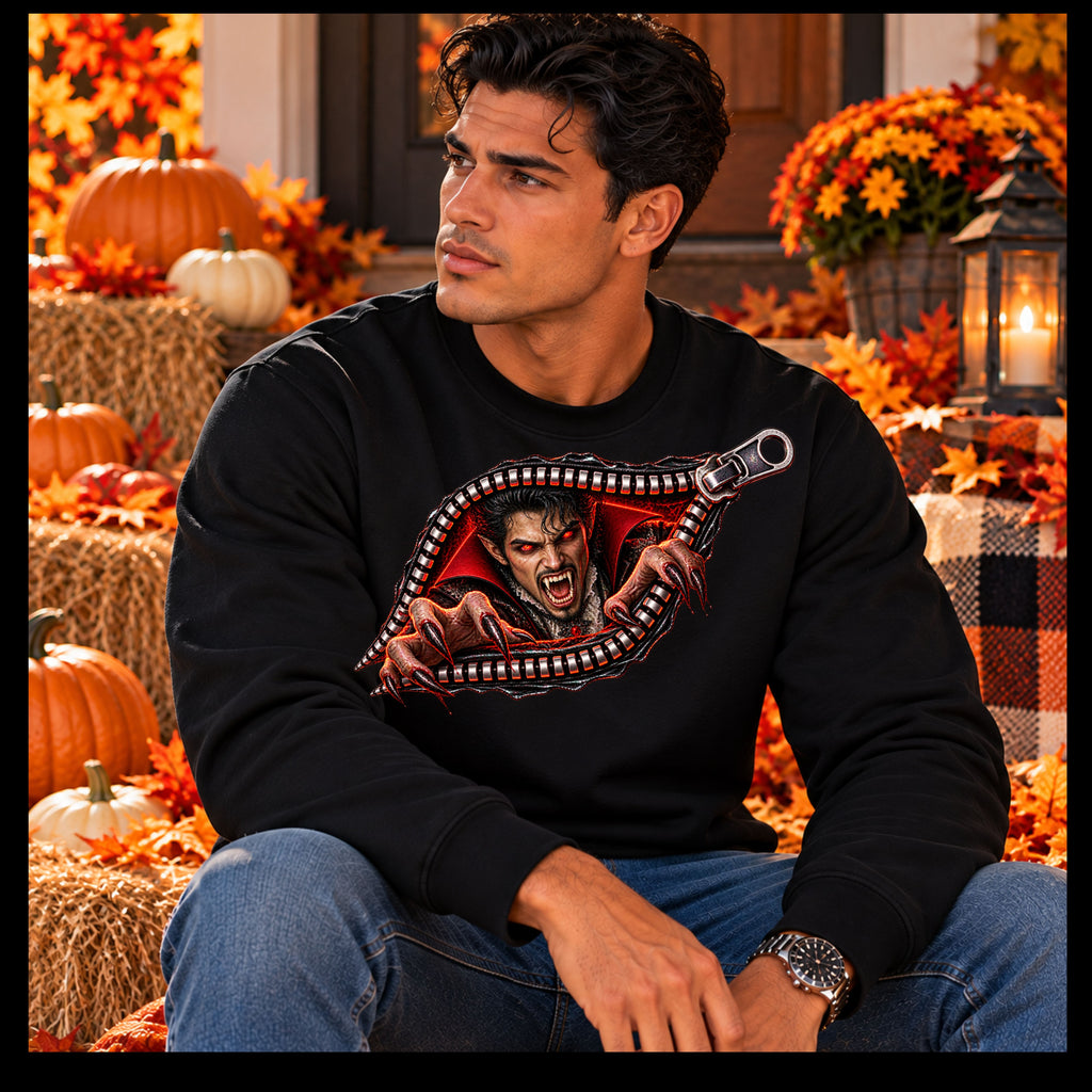 Vampire Zipper Men’s Sweatshirt | Front & Back Halloween Crewneck