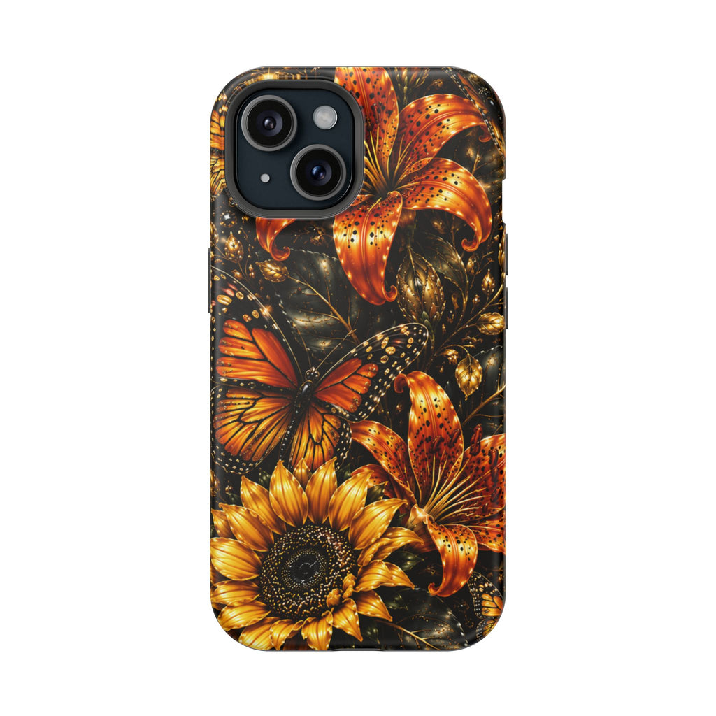 Floral Monarch Phone Case — Orange Sunflower & Butterfly Magnetic Impact-Resistant Case