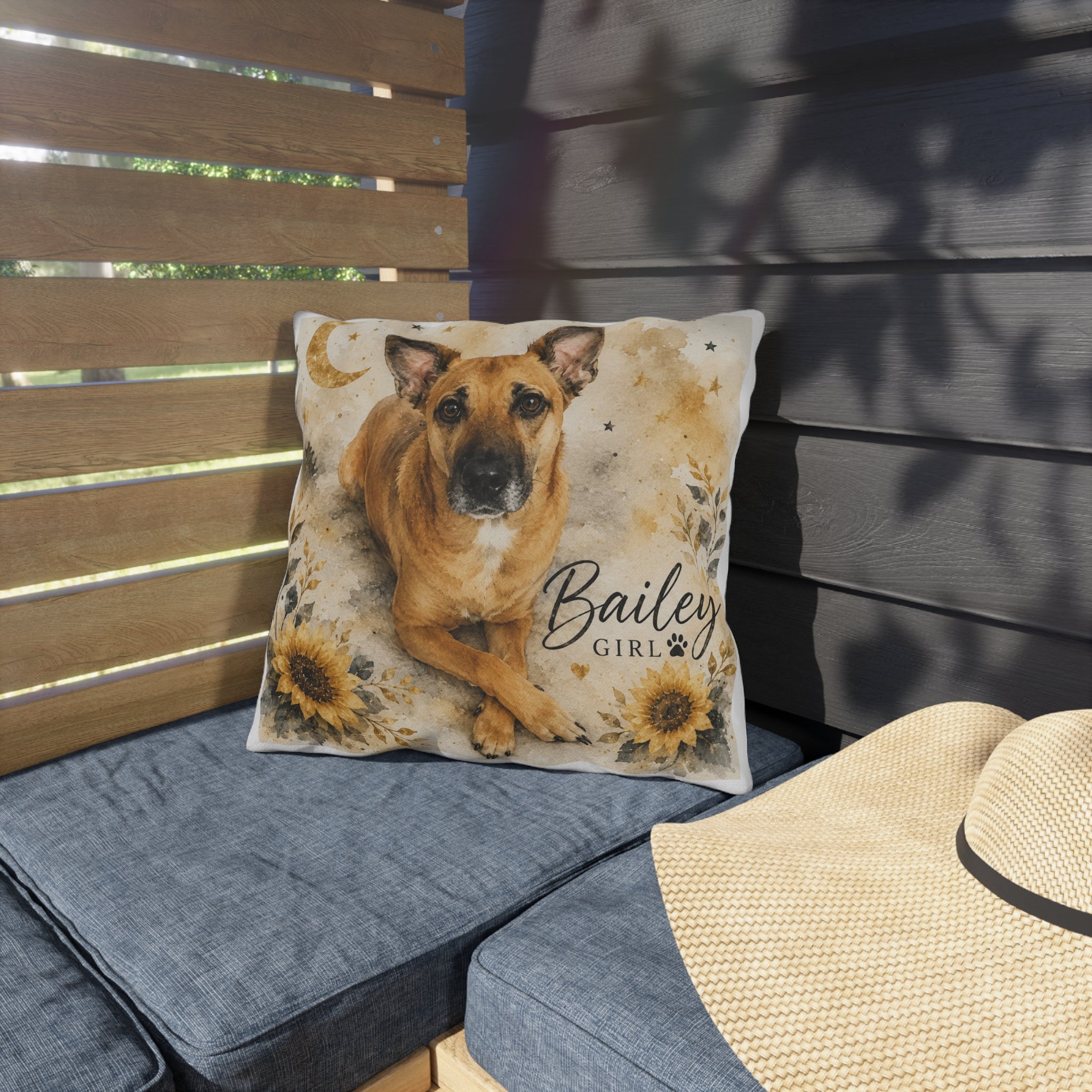 Personalized Dog Photo Outdoor Pillow — 'Bailey Girl' Sunflower Moon Accent