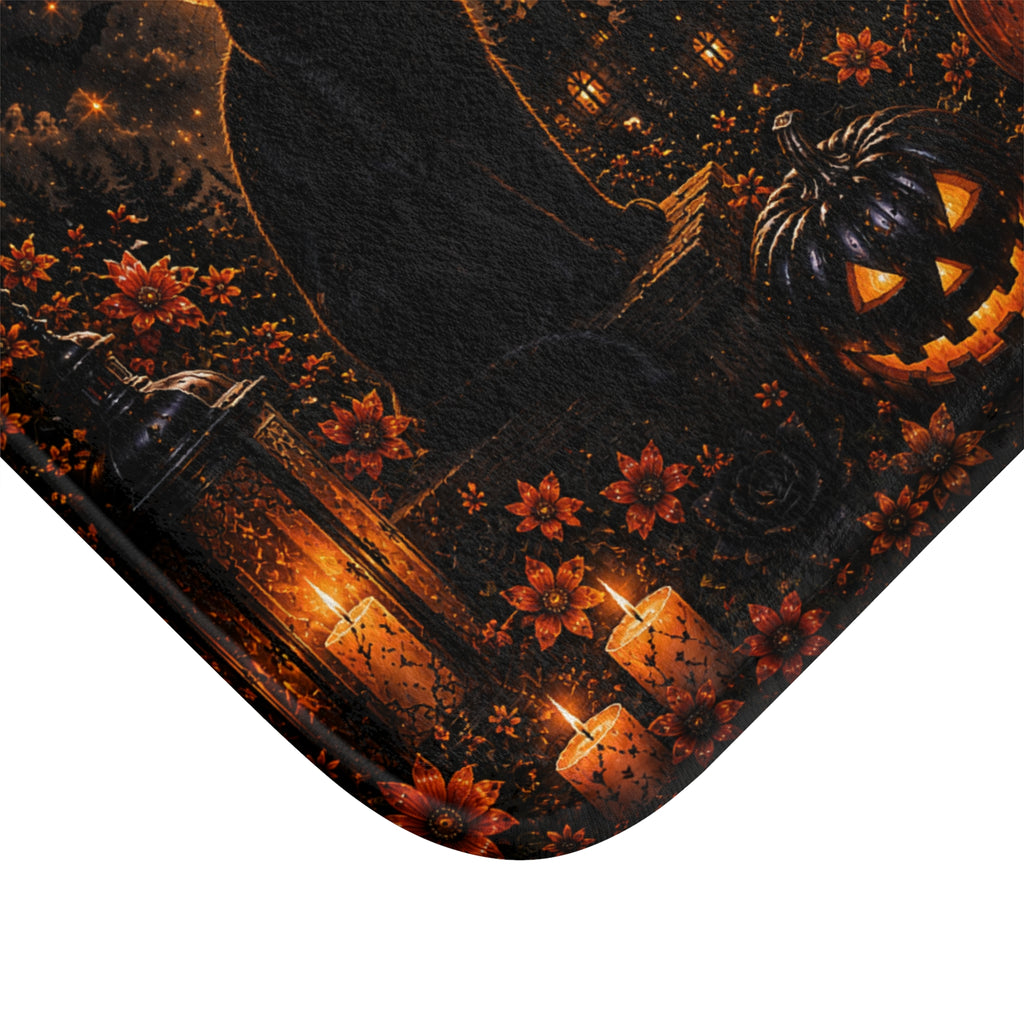Midnight Halloween Bath Mat | Black Cat Full Moon Gothic Bathroom Decor