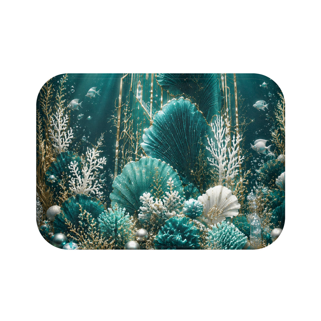 Teal Seashell Bath Mat — Underwater Coral Ocean Floor Bathroom Rug