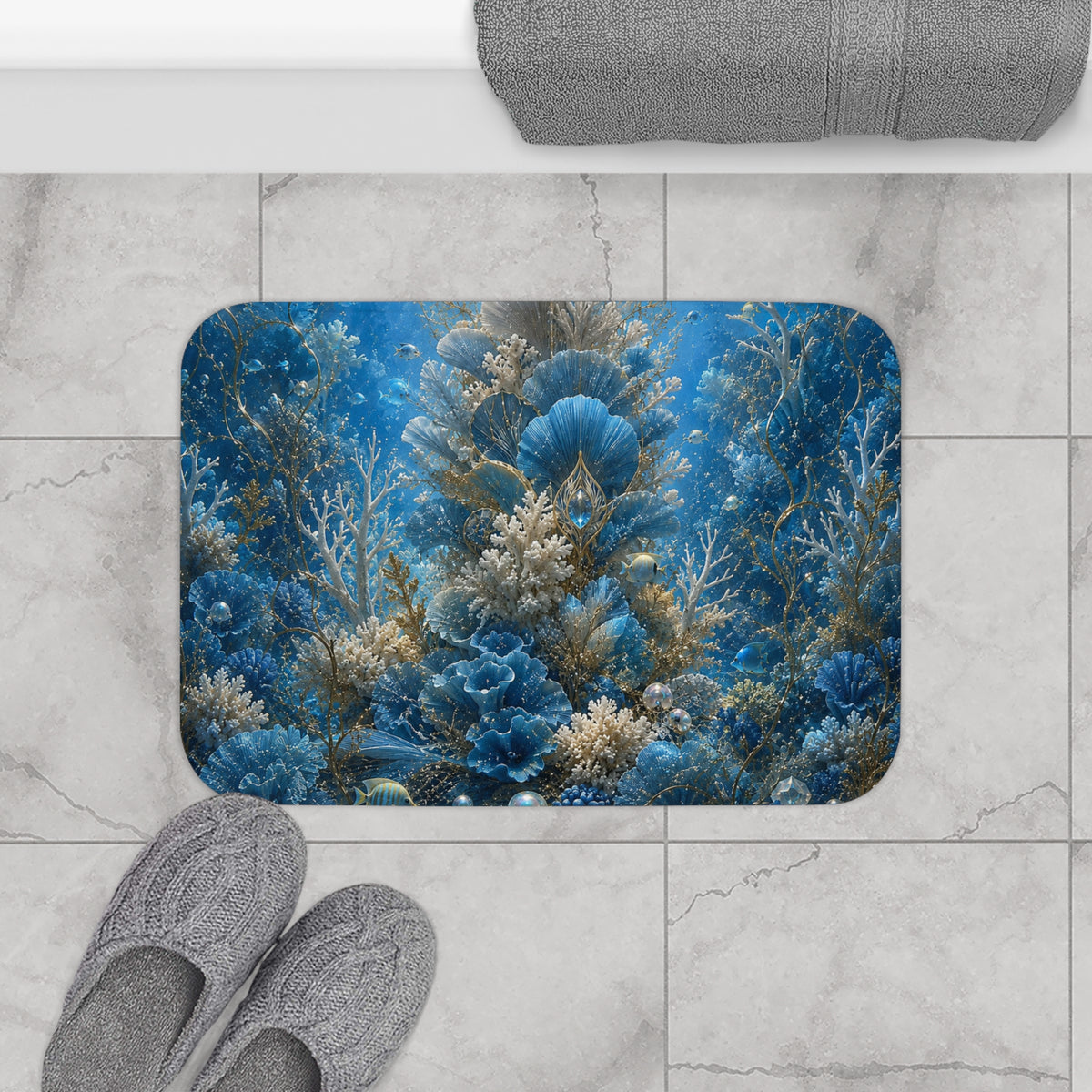 Underwater Coral Reef Bath Mat — Blue Ocean Sea Life Bathroom Rug