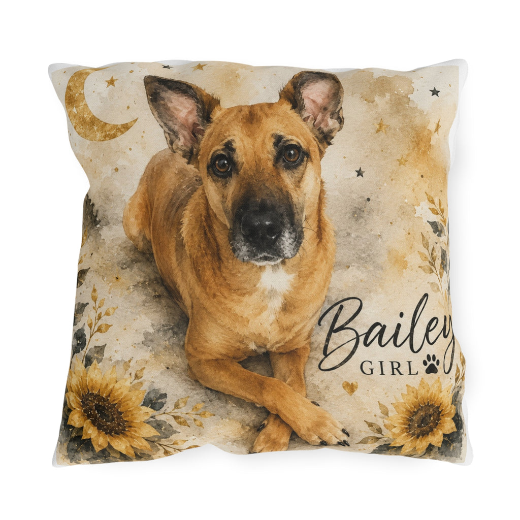 Personalized Dog Photo Outdoor Pillow — 'Bailey Girl' Sunflower Moon Accent