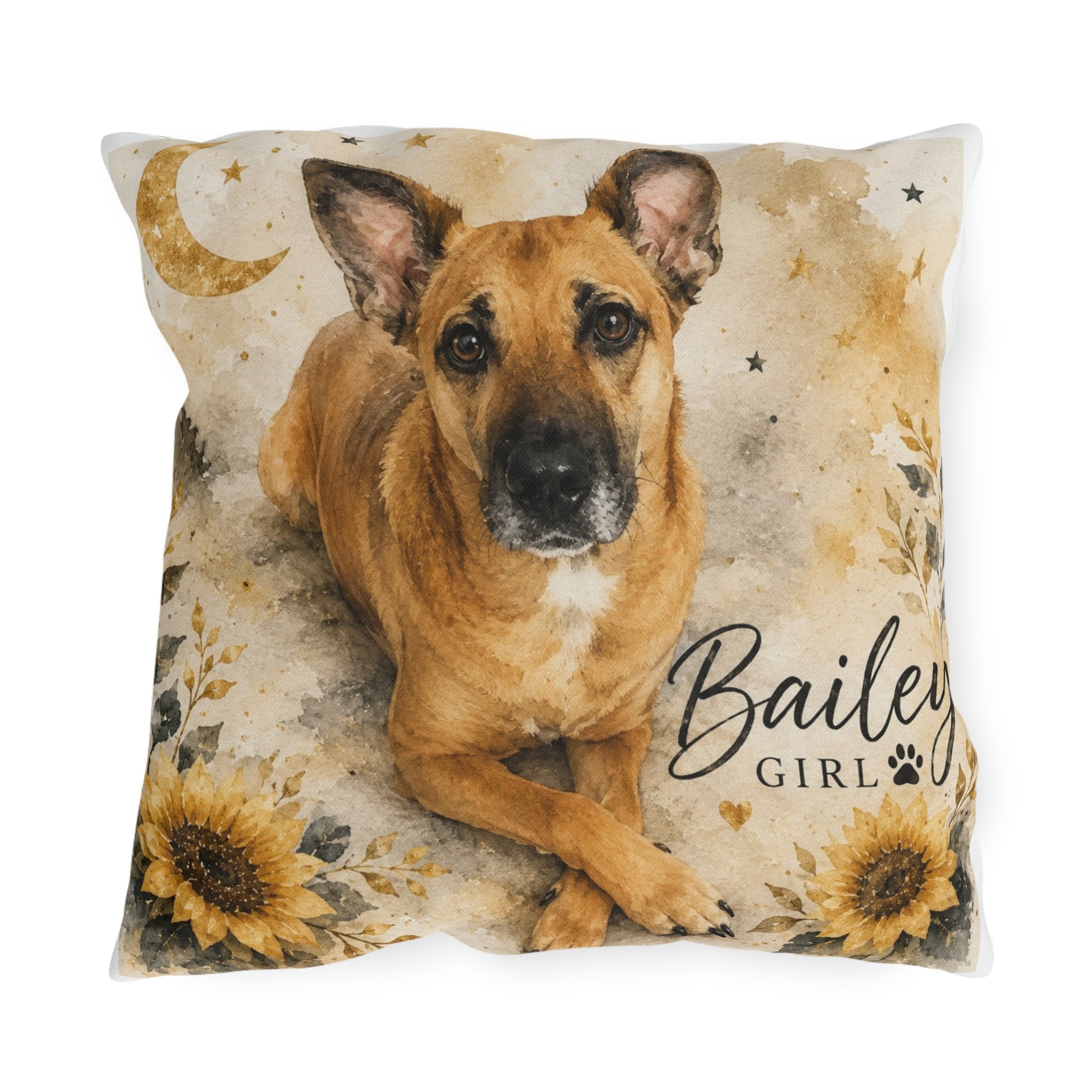 Personalized Dog Photo Outdoor Pillow — 'Bailey Girl' Sunflower Moon Accent