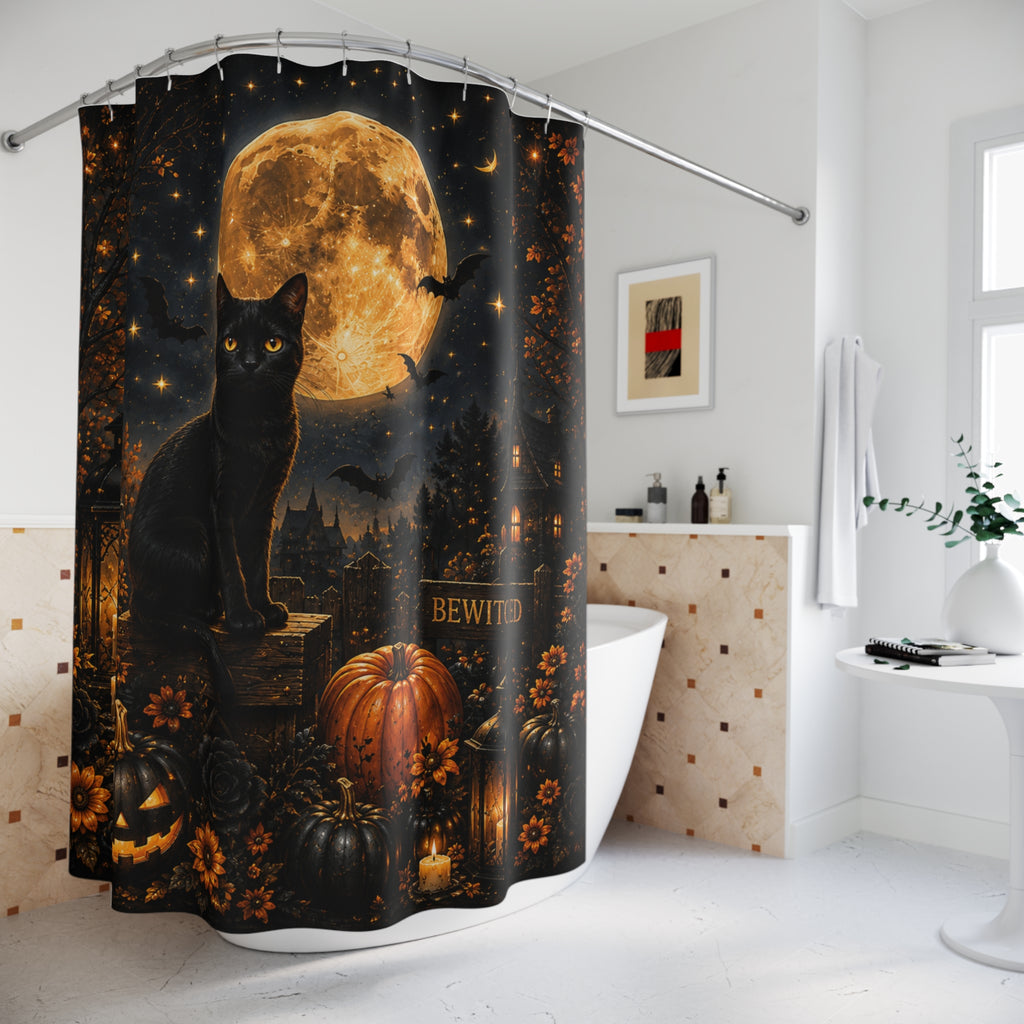 Midnight Halloween Shower Curtain | Black Cat Full Moon Gothic Bath Decor