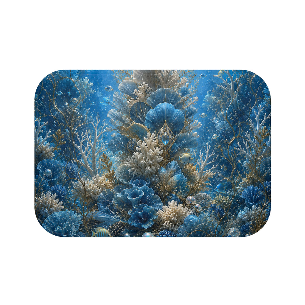 Underwater Coral Reef Bath Mat — Blue Ocean Sea Life Bathroom Rug