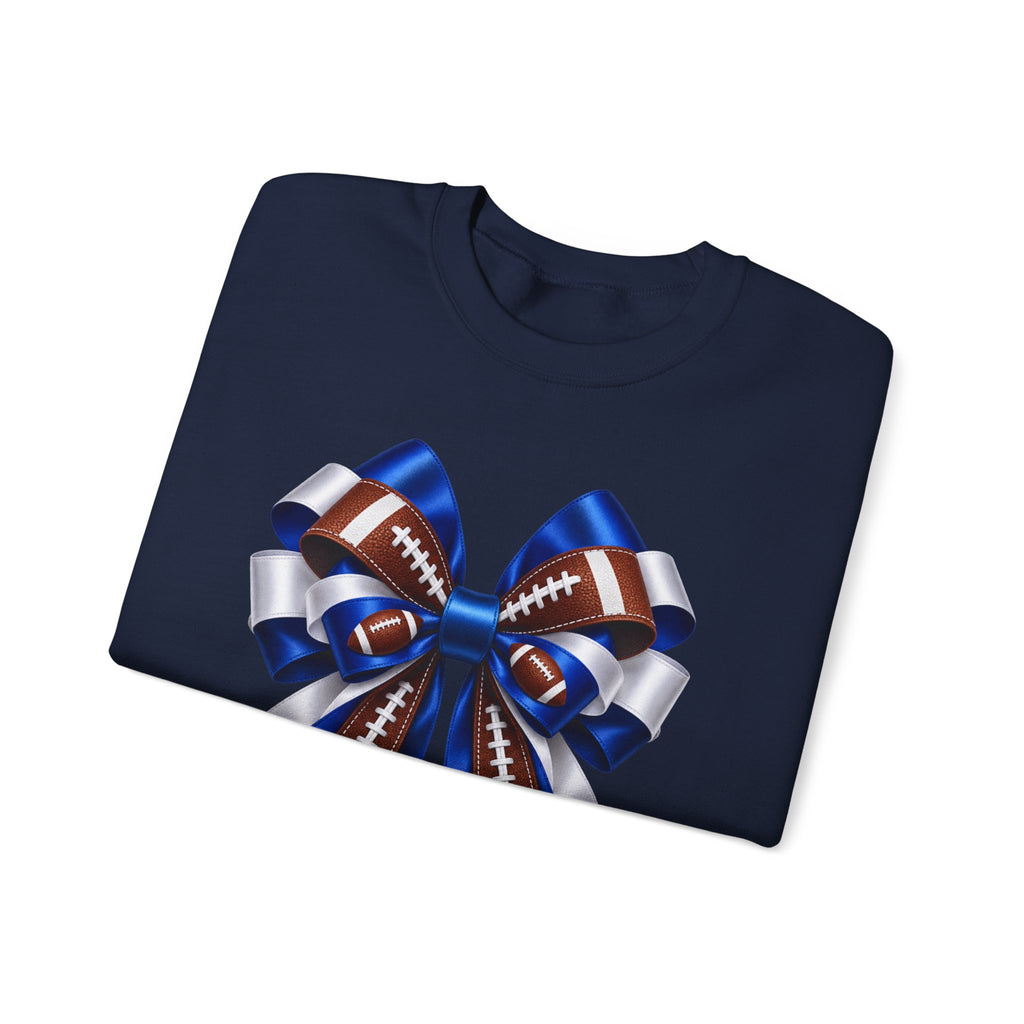 Football Ribbon Crewneck Sweatshirt — Blue & Brown Game Day Bow Design