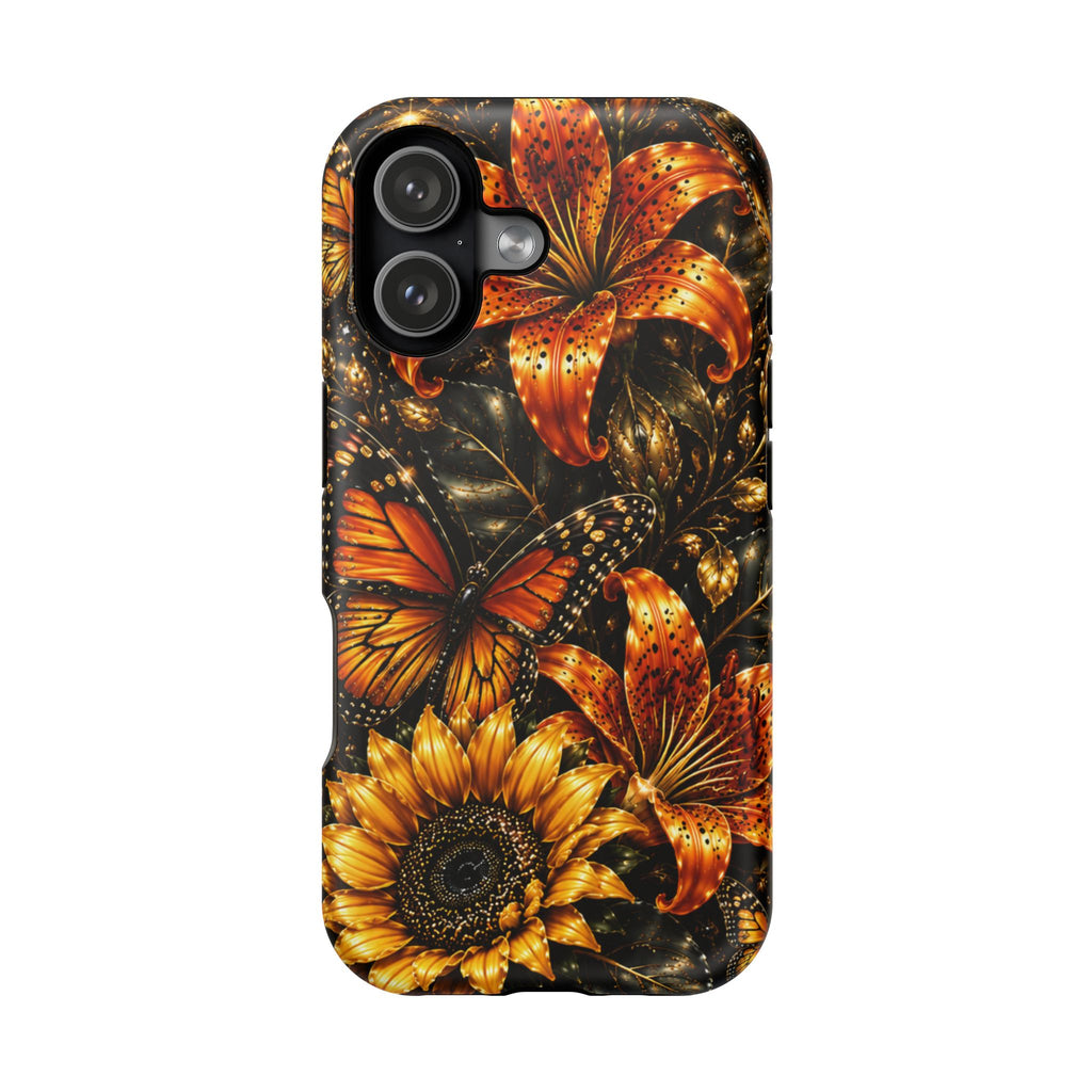 Floral Monarch Phone Case — Orange Sunflower & Butterfly Magnetic Impact-Resistant Case