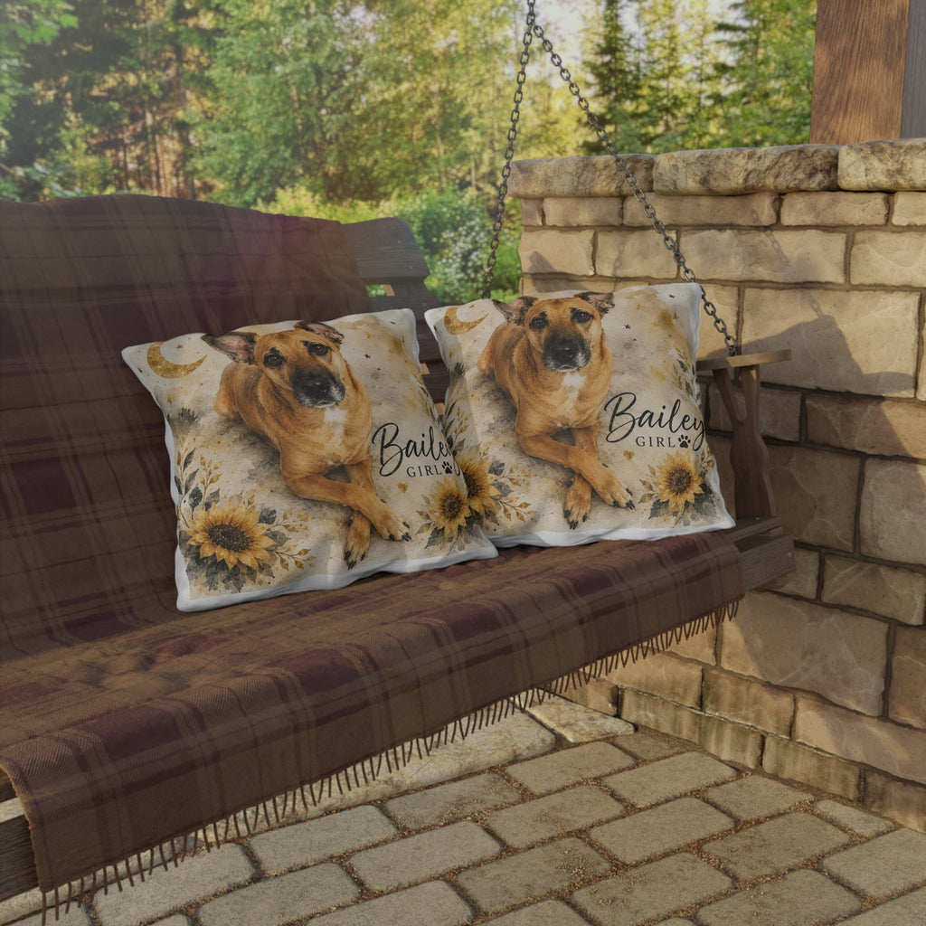 Personalized Dog Photo Outdoor Pillow — 'Bailey Girl' Sunflower Moon Accent
