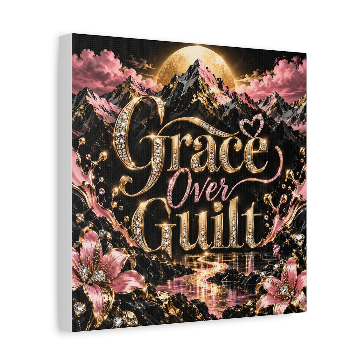 Grace Over Guilt™ Luxury Mountain Wall Art Canvas | Black, Gold & Pink Inspirational Home Décor