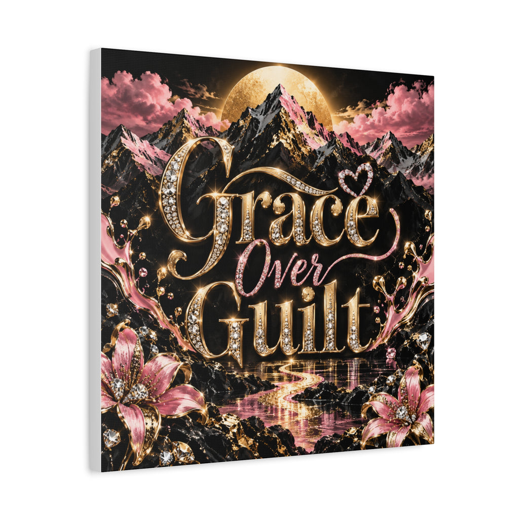 Grace Over Guilt™ Luxury Mountain Wall Art Canvas | Black, Gold & Pink Inspirational Home Décor