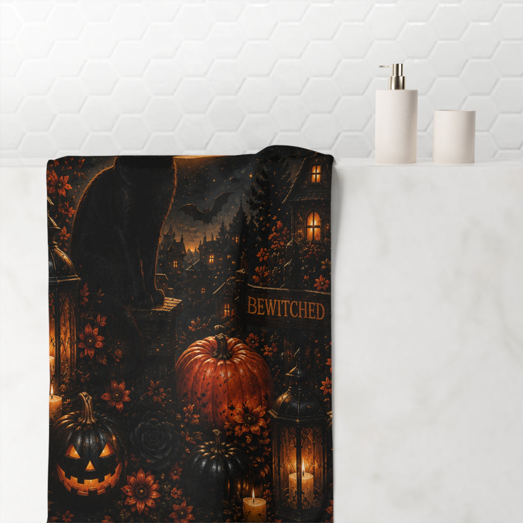 Midnight Halloween Bath Towel | Black Cat Full Moon Gothic Bath Decor