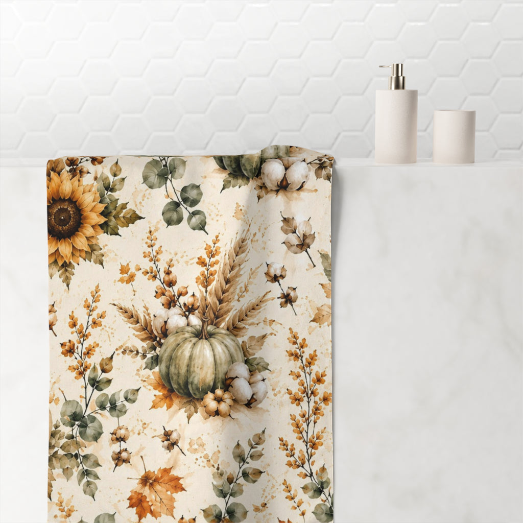 Autumn Harvest Bath Towel | Watercolor Pumpkin Sunflower Fall Bathroom Decor
