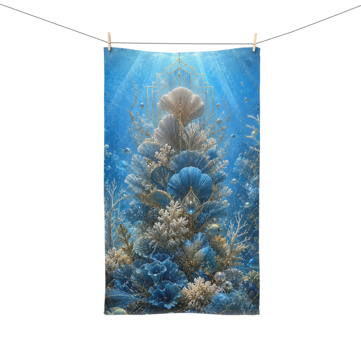 Underwater Coral Garden Hand Towel — Blue Ocean Seashell Bath Accent