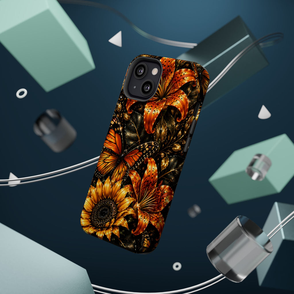 Floral Monarch Phone Case — Orange Sunflower & Butterfly Magnetic Impact-Resistant Case