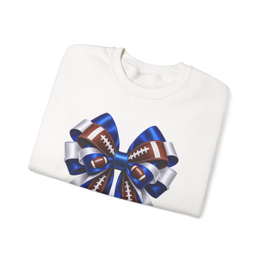 Football Ribbon Crewneck Sweatshirt — Blue & Brown Game Day Bow Design