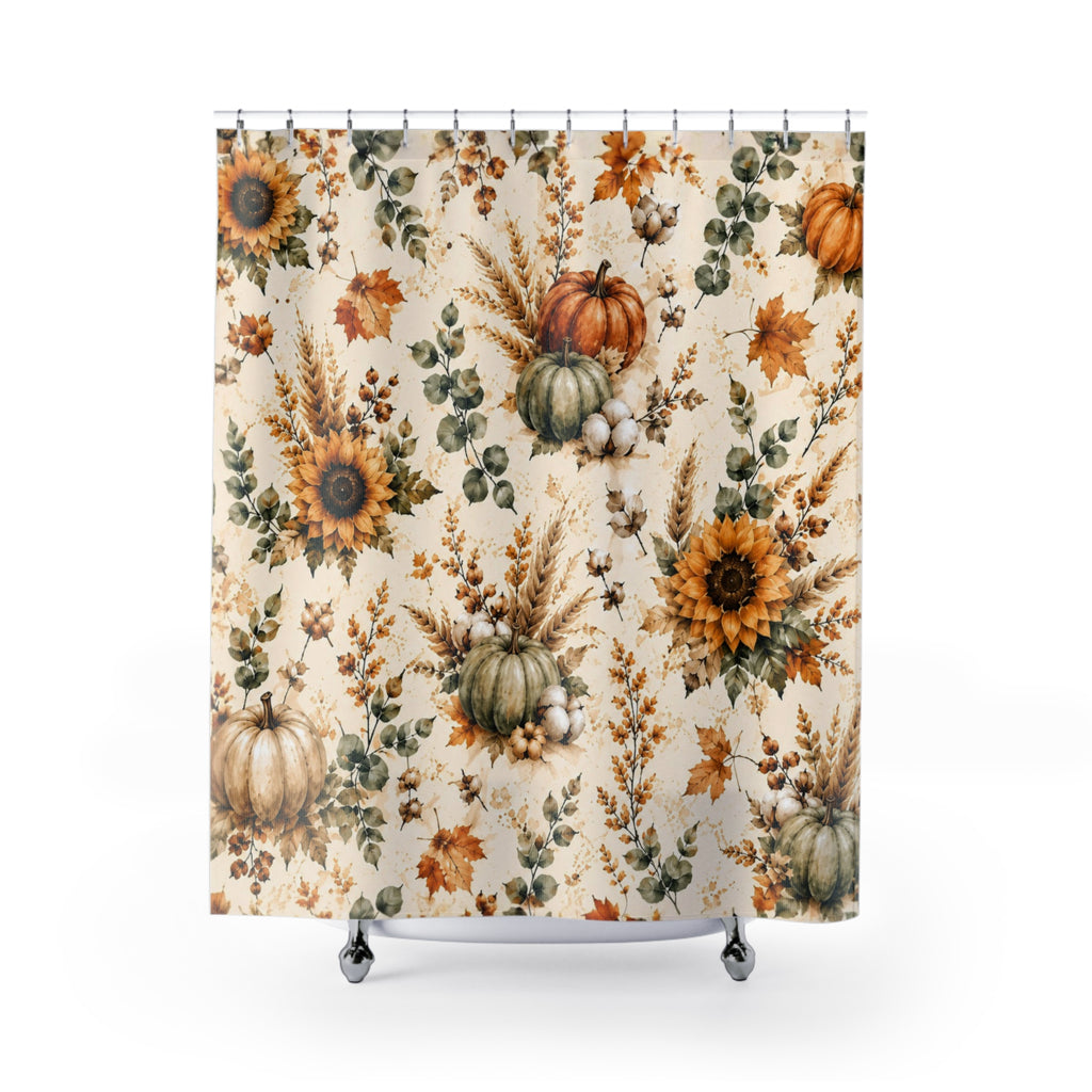 Autumn Harvest Shower Curtain | Watercolor Pumpkin Sunflower Fall Bathroom Decor