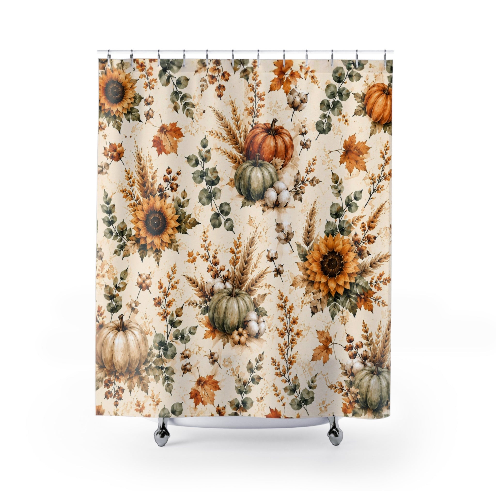 Autumn Harvest Shower Curtain | Watercolor Pumpkin Sunflower Fall Bathroom Decor