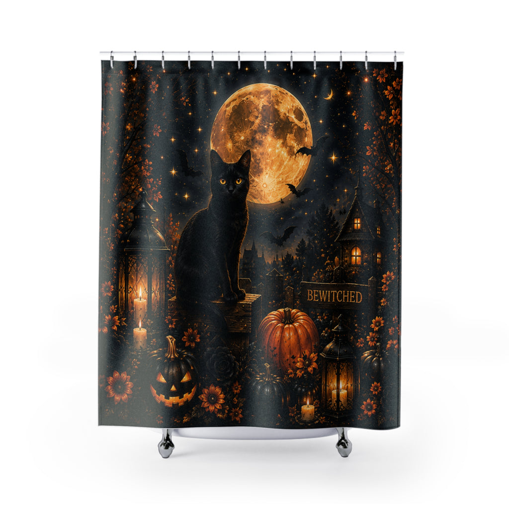Midnight Halloween Shower Curtain | Black Cat Full Moon Gothic Bath Decor