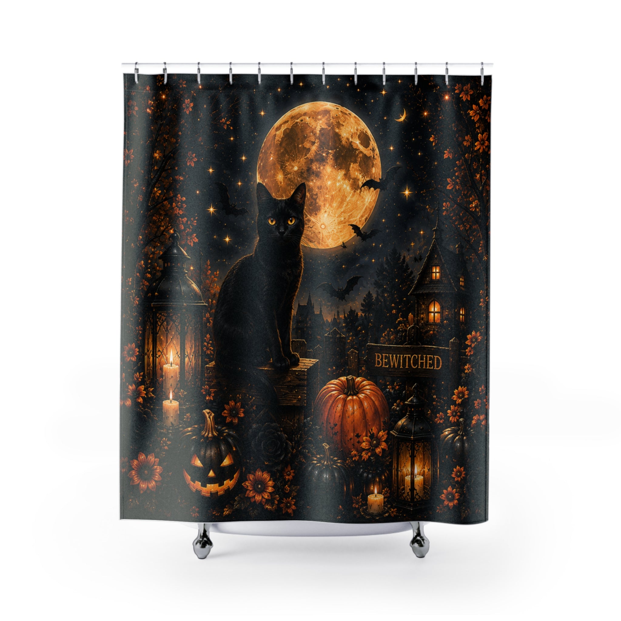 Midnight Halloween Shower Curtain | Black Cat Full Moon Gothic Bath Decor