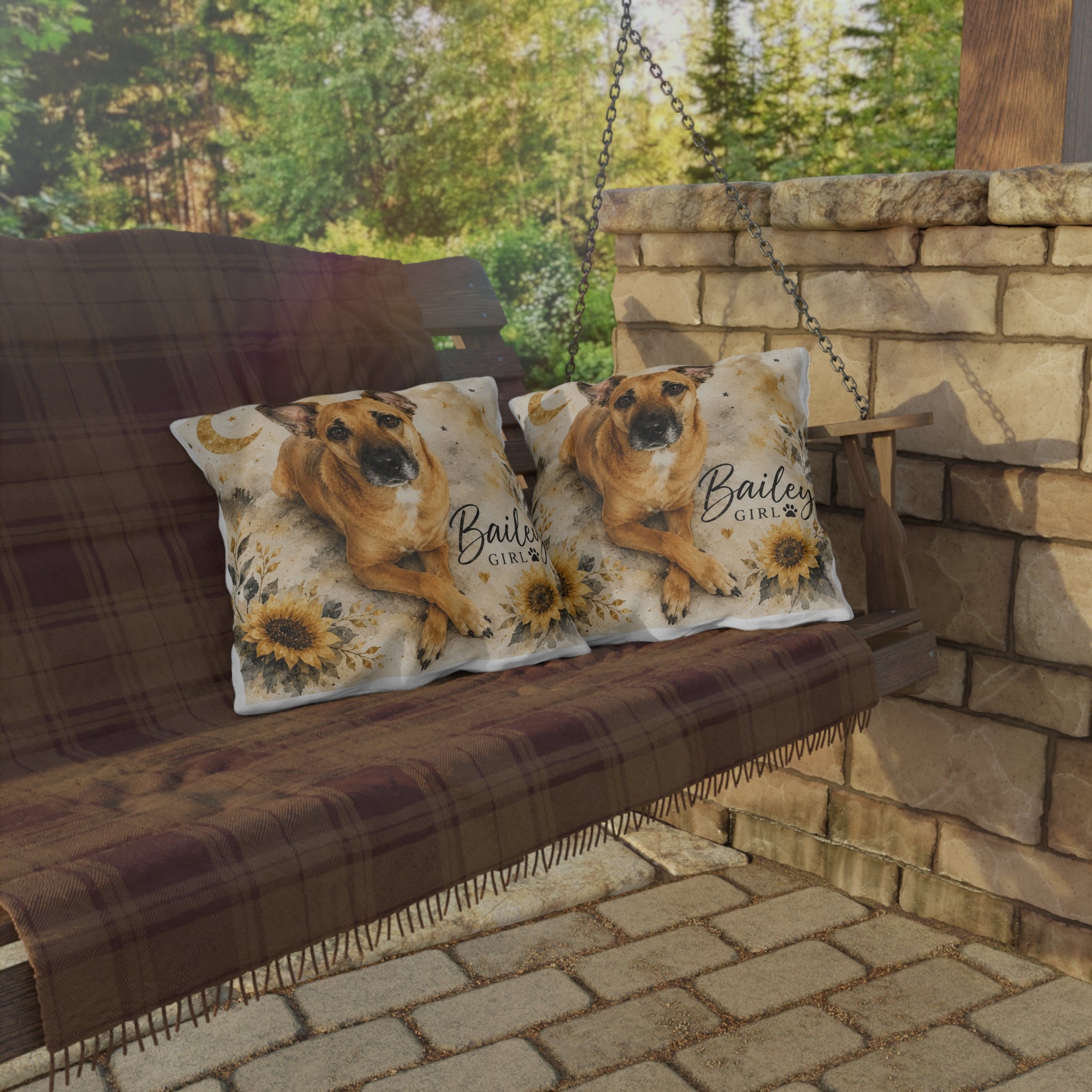 Personalized Dog Photo Outdoor Pillow — 'Bailey Girl' Sunflower Moon Accent