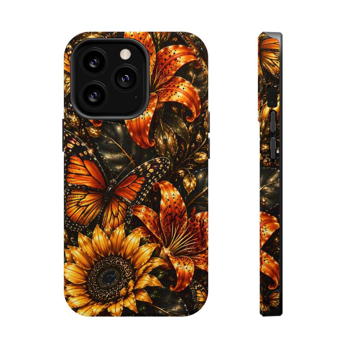Floral Monarch Phone Case — Orange Sunflower & Butterfly Magnetic Impact-Resistant Case