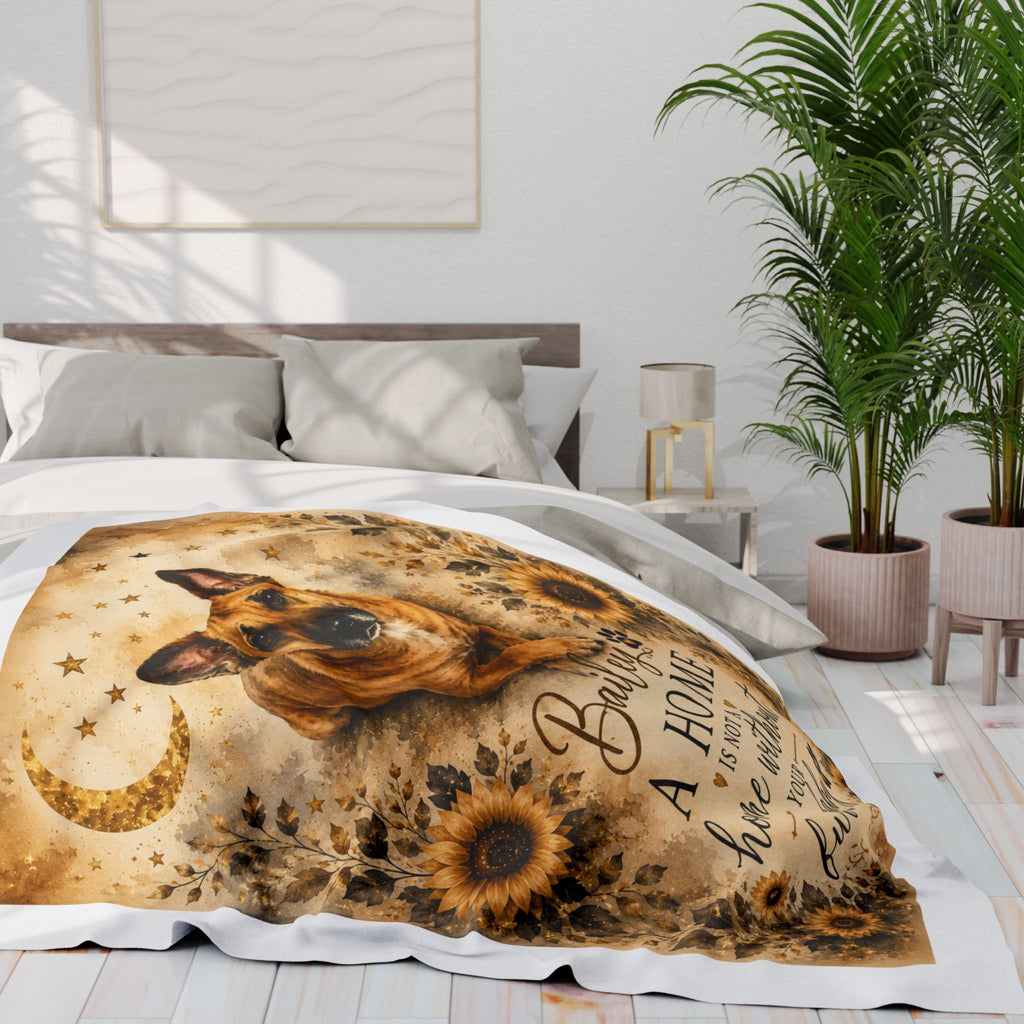 Personalized Dog Fleece Blanket — “A Home Is Not a Home Without Your Furr Baby” (Sunflower German Shepherd/Boxer))