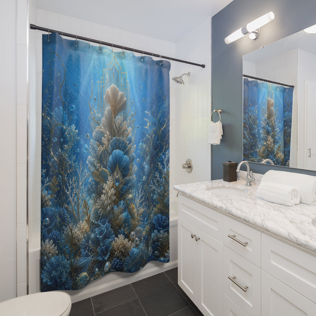 Underwater Coral Forest Shower Curtain — Ocean Blue Seascape Bathroom Decor