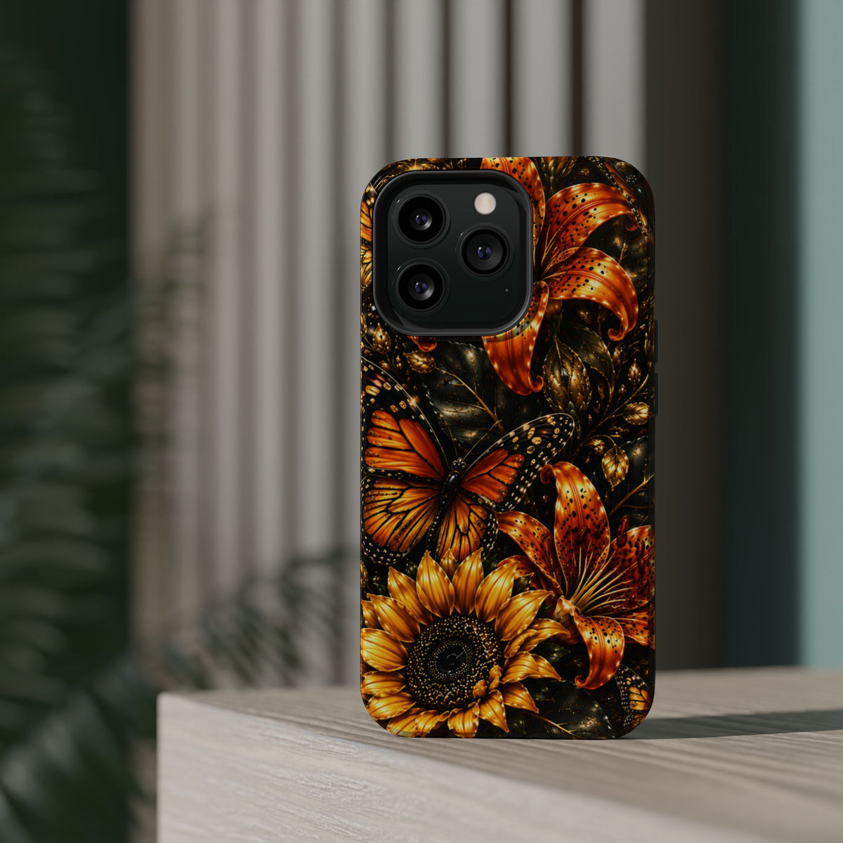 Floral Monarch Phone Case — Orange Sunflower & Butterfly Magnetic Impact-Resistant Case