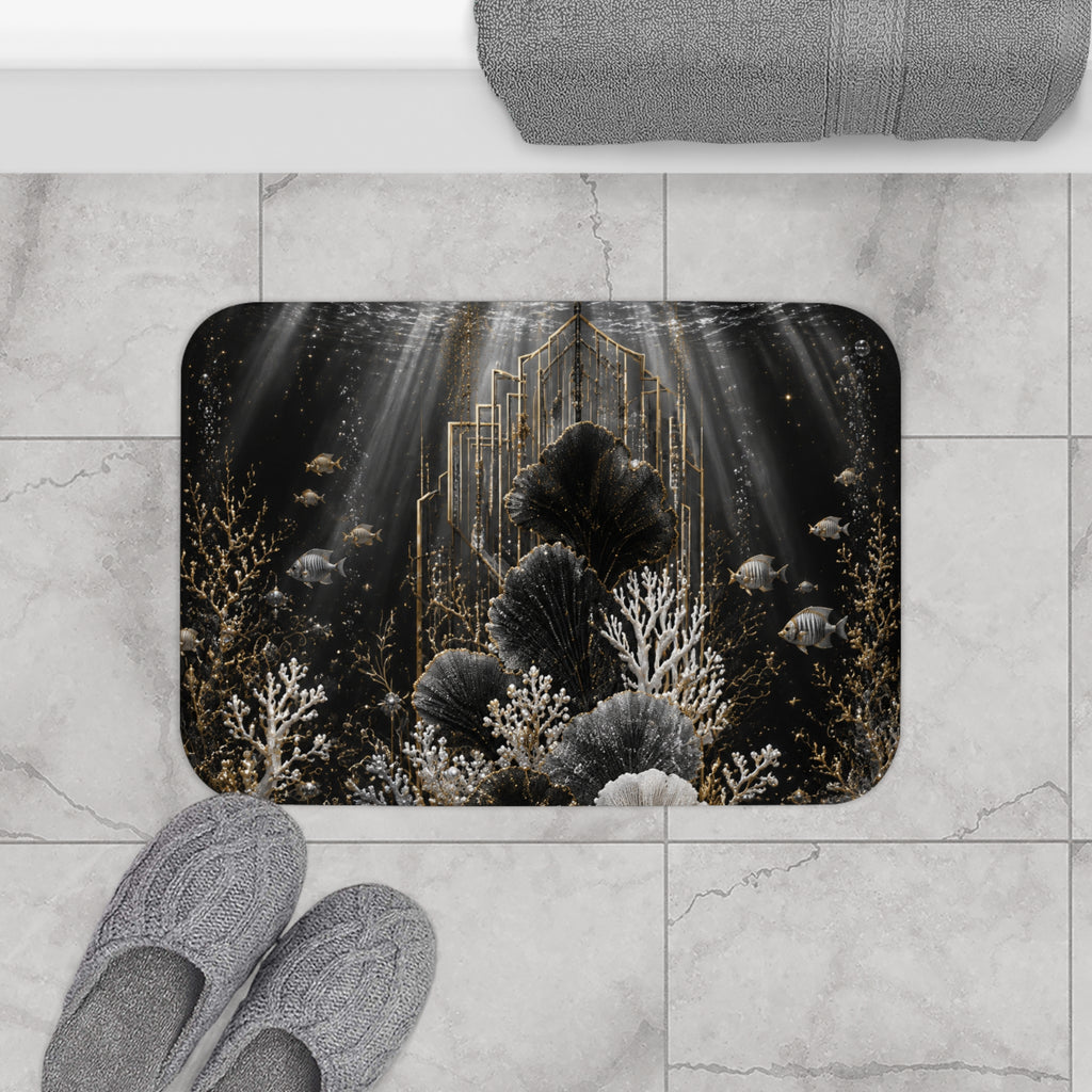 Underwater Art Deco Bath Mat — Gold & Black Coral Reef Design