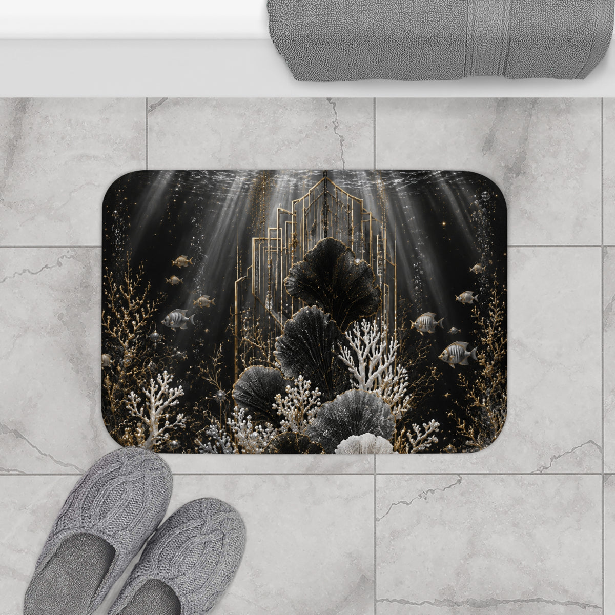 Underwater Art Deco Bath Mat — Gold & Black Coral Reef Design