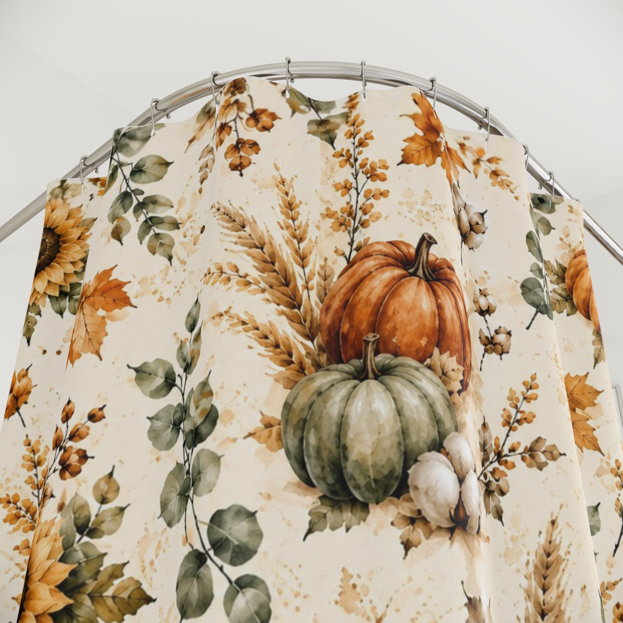 Autumn Harvest Shower Curtain | Watercolor Pumpkin Sunflower Fall Bathroom Decor