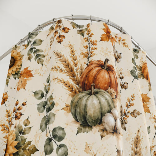 Autumn Harvest Shower Curtain | Watercolor Pumpkin Sunflower Fall Bathroom Decor