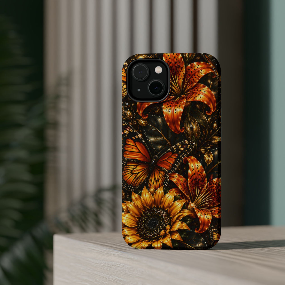 Floral Monarch Phone Case — Orange Sunflower & Butterfly Magnetic Impact-Resistant Case