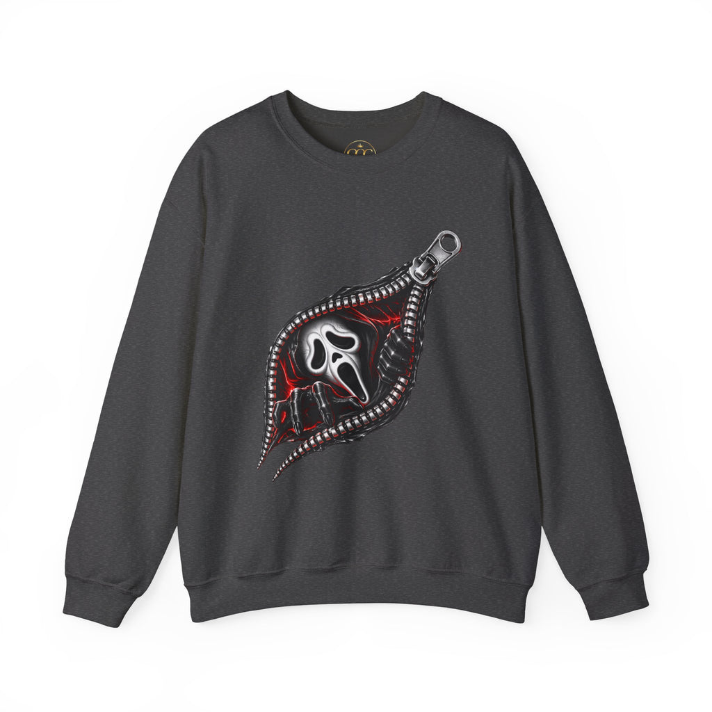 Zip-Open Horror Mask Sweatshirt — Scream-Inspired Graphic Crewneck