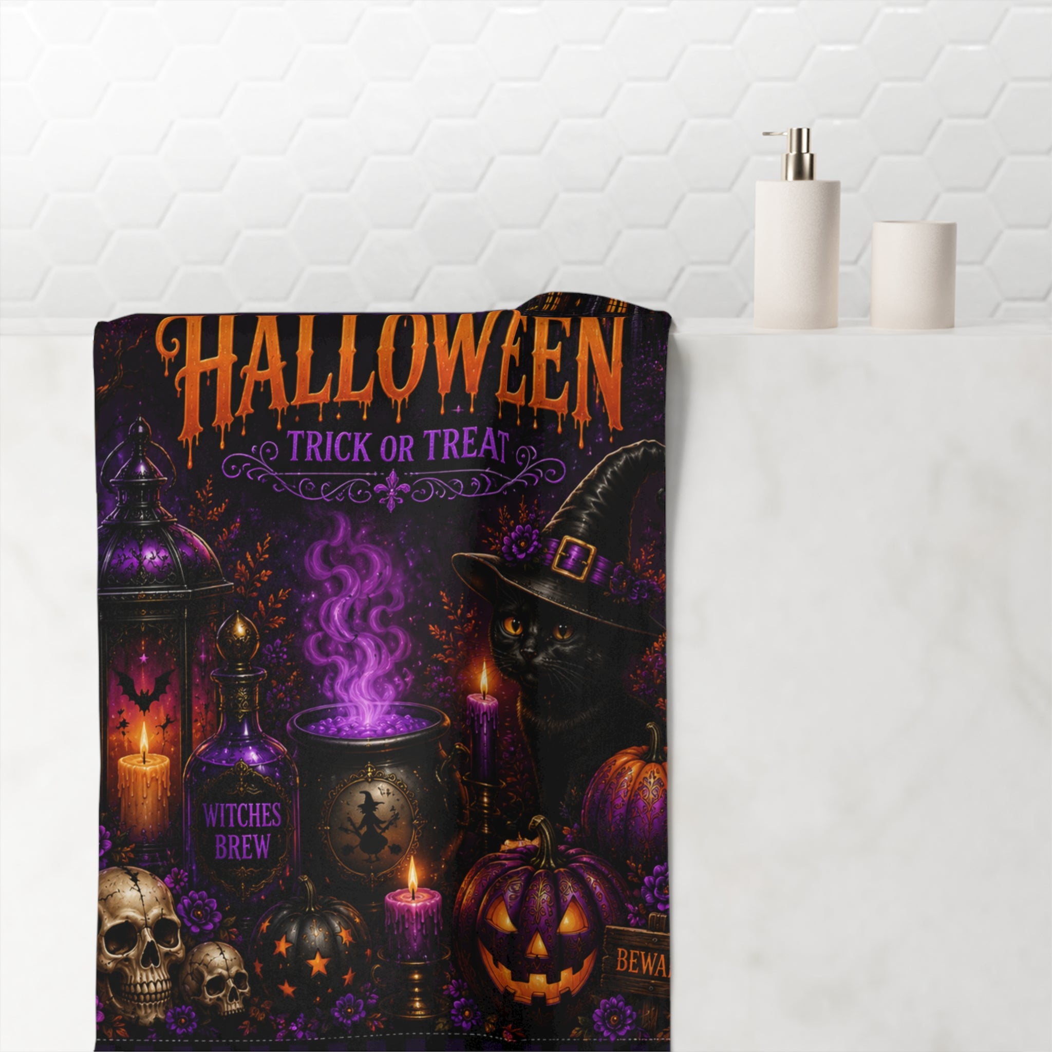 Halloween Trick or Treat Bath Towel | Dark Gothic Halloween Bathroom Decor