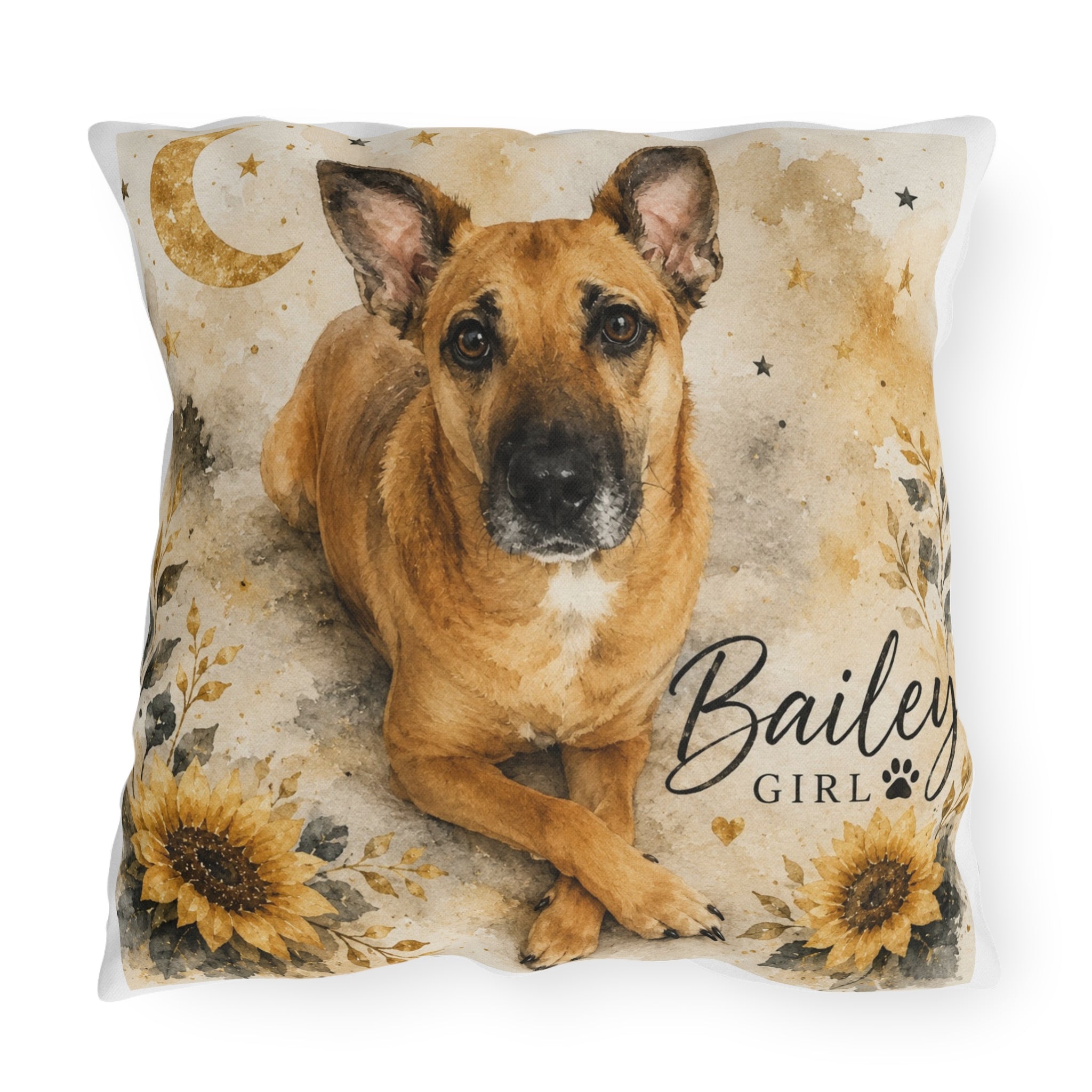 Personalized Dog Photo Outdoor Pillow — 'Bailey Girl' Sunflower Moon Accent