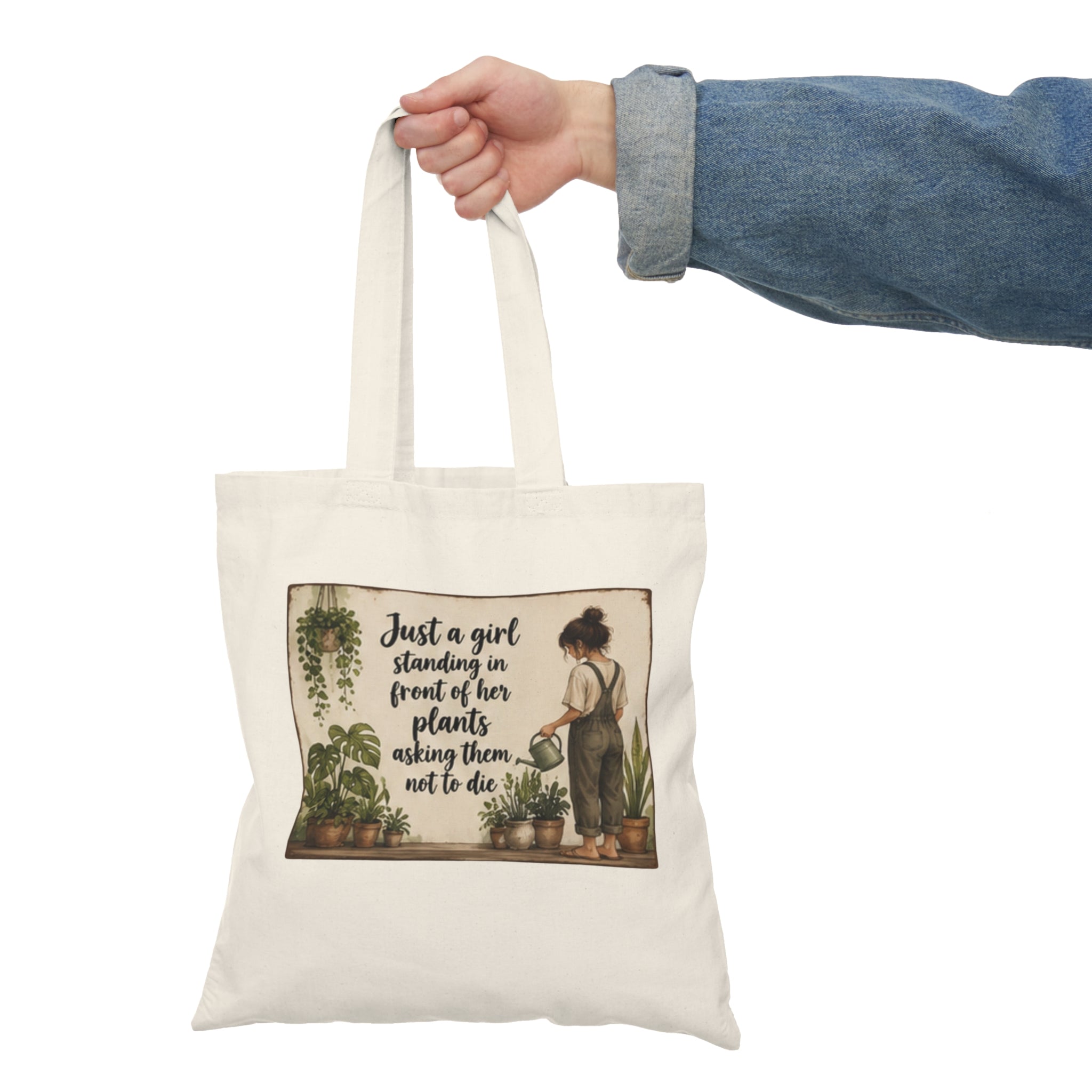 🌿 Plant Lover Tote Bag – Just a Girl Standing in Front of Her Plants Asking Them Not to Die