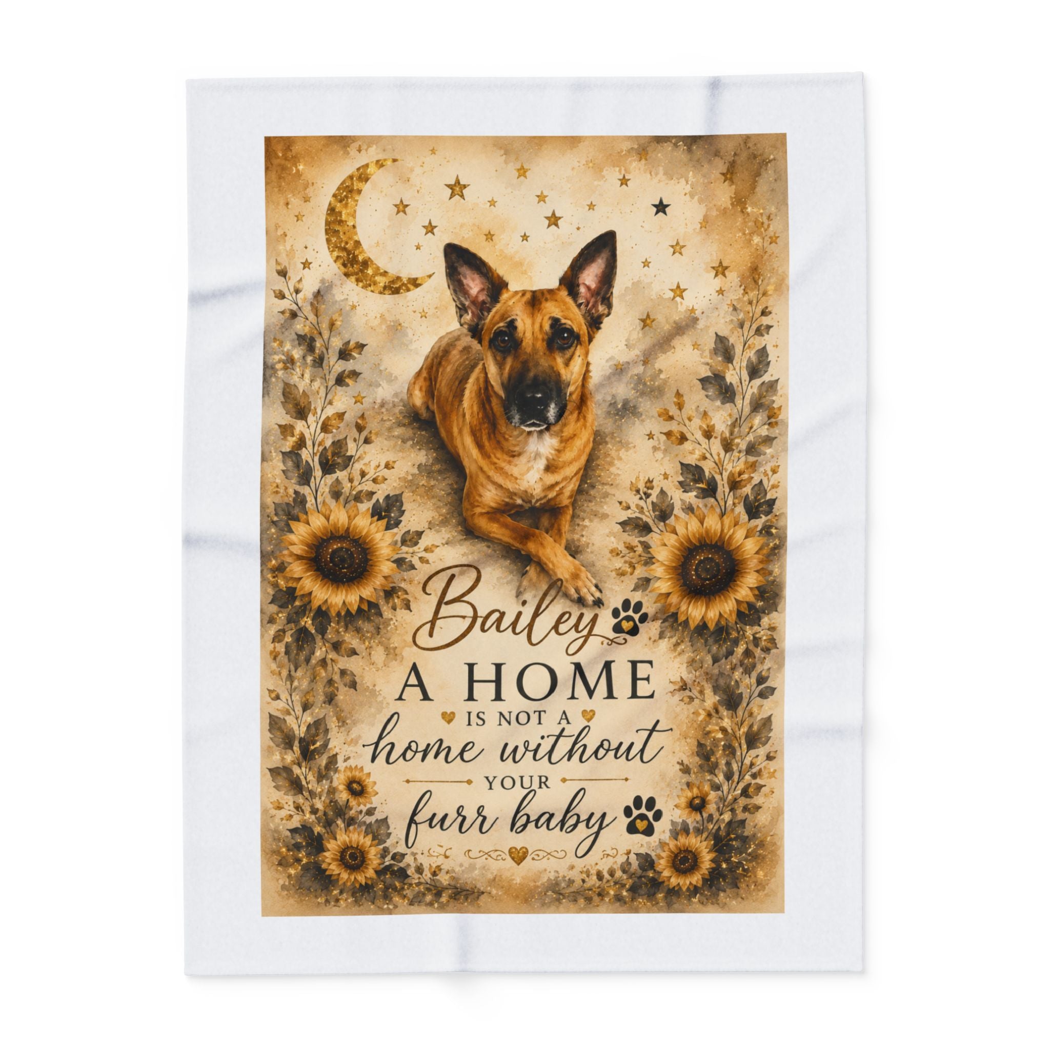 Personalized Dog Fleece Blanket — “A Home Is Not a Home Without Your Furr Baby” (Sunflower German Shepherd/Boxer))