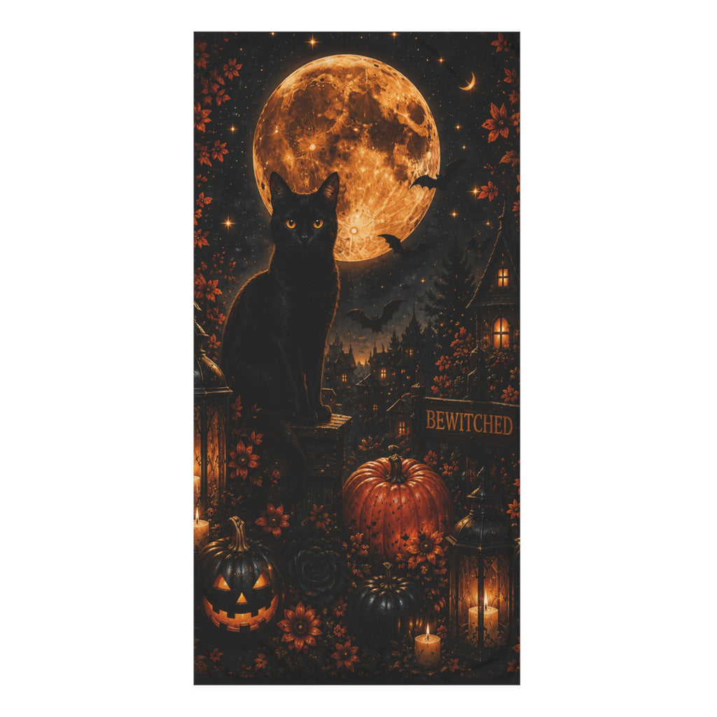 Midnight Halloween Bath Towel | Black Cat Full Moon Gothic Bath Decor